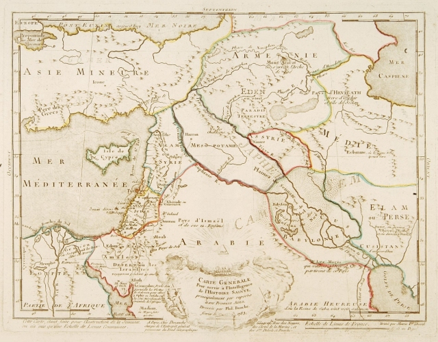 Fine map of the Middle East, including the Holy Land, Cyprus, Iran and Irak, etc. Philippe Buache was one of the most active proponents of the so-called "school of theoretical cartography" active in mid-18th century France. Published by Dezauche and engraved by Marie F. Duval.