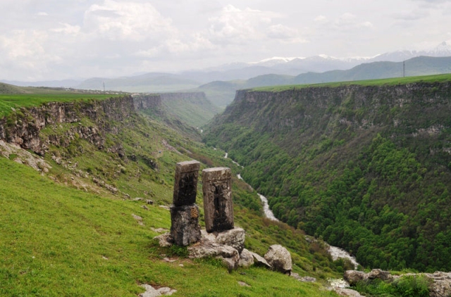 Koghes gorge with medieval Armenian cross-stones Alaverdi Armenia.