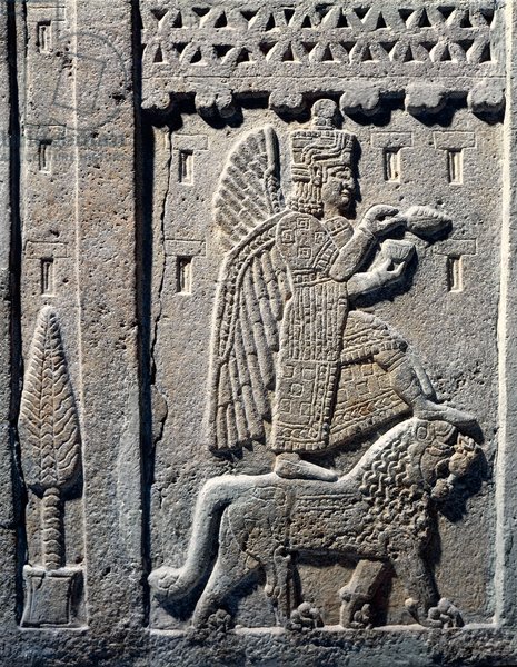 Relief depicting a winged god stepping on a lion from the kingdom of Urartu, Armenia, Hittite civilization