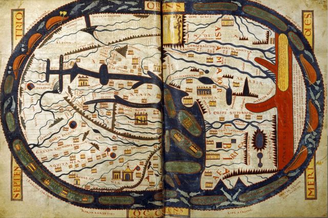 The world map from the Saint-Sever Beatus painted c. 1050 A.D. as an illustration to Beatus's work at the Abbey of Saint-Sever in Aquitaine