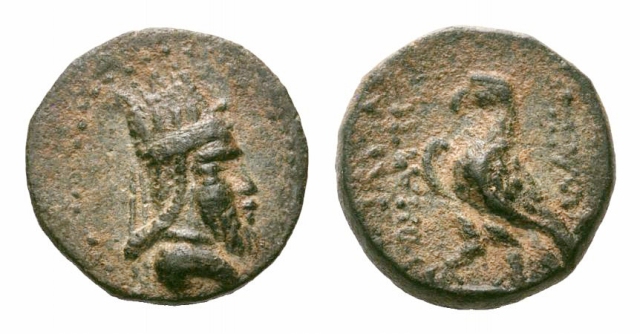 6 AD. -12 AD. Draped bust of Tigranes V facing right with long pointed beard and wearing tiara. Eagle standing left.