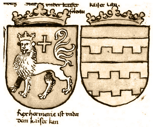 Coat of arms titled Rex hermenie in Richenthal, depicting the coat of arms of the king of Lesser Armenia. Illustrated by the master Miltenberger.