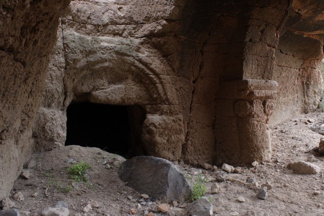 The entrance to a rock-cut church in the Gayledzor valley cave complex.