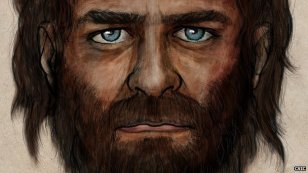 This reconstruction shows the dark skin and blue eyes of a 7,000-year-old hunter from northern Spain