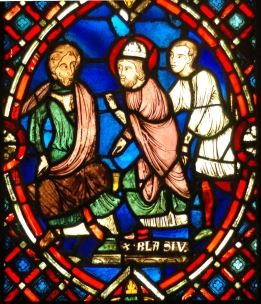 St. Blaise confronting the Roman governor: Scene from the life of St. Blaise, bishop of Sebaste (Armenia), martyr under the Roman emperor Licinius (4th century). Stained glass window from the area of Soissons (Picardy, France), early 13th century.