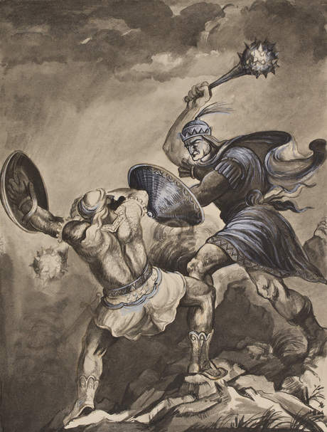 Alek’sanyan Sargis T’vorosi (1910 - 1942)  David of Sasoun book illustration David and Msra Melik battle
